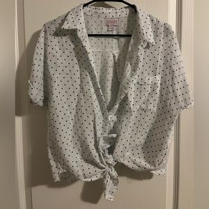 White polka dot button down shirt. Tie front. Size M.